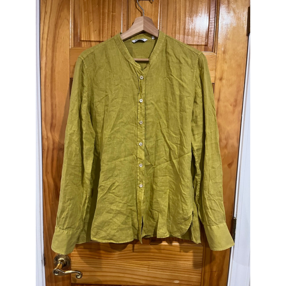 Caliban Yellow Green Linen Lagenlook Button Down Summer Shirt Size 46